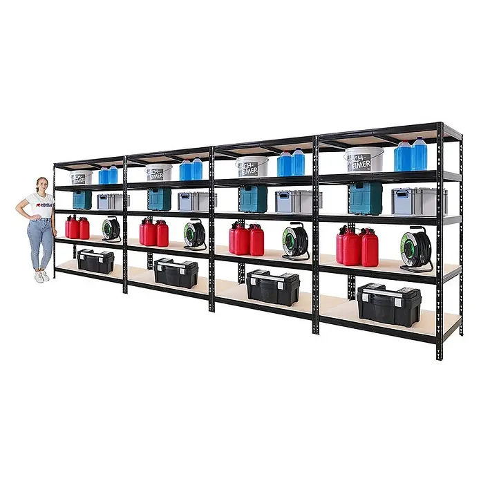 Mega Deal | 4x Schwerlastregal Tiger | HxBxT 180x120x60cm | Fachlast 265kg | Schwarz -  - Langes schwarzes Metallregal mit Holzbrettern, das verschiedene Lagerartikel enthält. Eine Frau steht daneben zur Größenbestimmung.