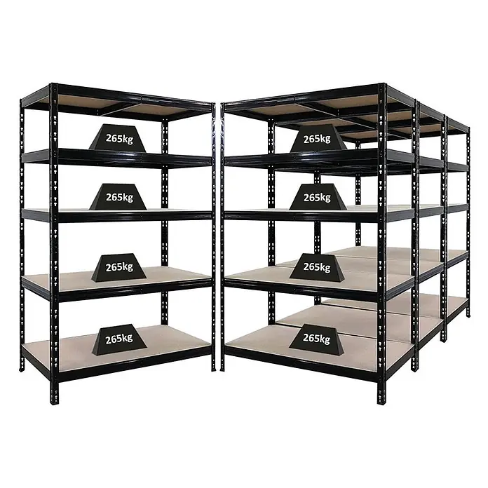 Mega Deal | 4x Schwerlastregal Tiger | HxBxT 180x120x60cm | Fachlast 265kg | Schwarz -  - Schwarzes Schwerlastregal aus Metall, 5 Böden mit je 265kg Tragkraft, in einer Ecke aufgestellt.