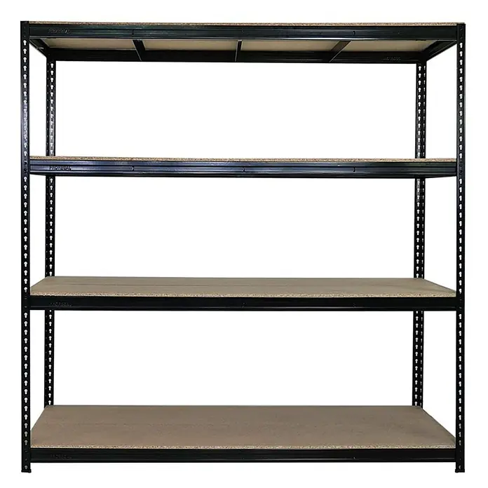 Profi Schwerlastregal BISON 200x200x60cm 4 Spanplatten 15mm 600kg Schwarz -  - Vierstöckiges schwarzes Metallregal mit Holzbrettern für vielseitige Lagerung.