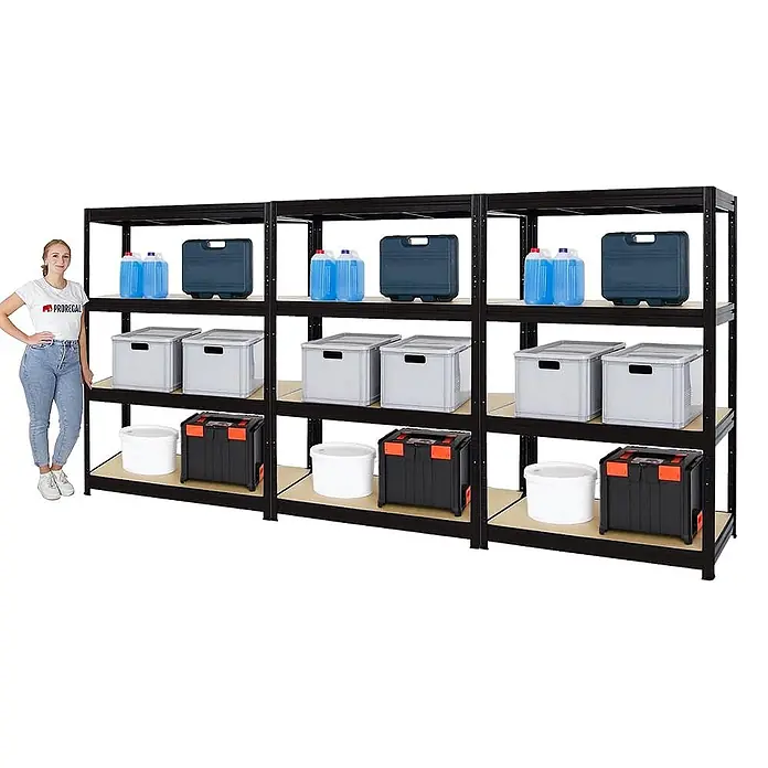 Mega Deal | 3x Schwerlastregal DINO | HxBxT 180x120x60cm | 4 MDF-Platten-Ebenen 6,5 mm | Fachlast 600kg | Schwarz -  - Schwarzes Metallregal mit Holzbrettern, mit Person zur Größenveranschaulichung.