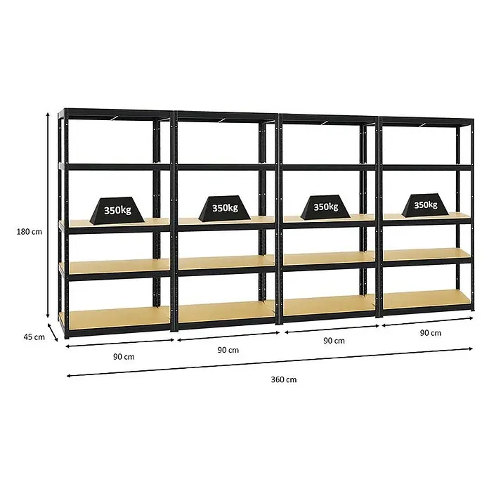 Mega Deal | 4x Schwerlastregal Slim Elephant S | HxBxT 180x90x45 cm | 5 Ebenen | Fachlast 350 kg | Schwarz -  - Vier verbundene schwarze Metallregale mit Holzablagen, 360x180x45 cm, je Ablage 350kg Traglast.
