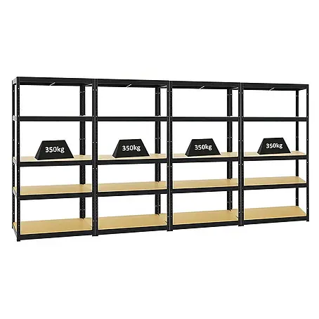 Mega Deal | 4x Schwerlastregal Slim Elephant S | HxBxT 180x90x45 cm | 5 Ebenen | Fachlast 350 kg | Schwarz