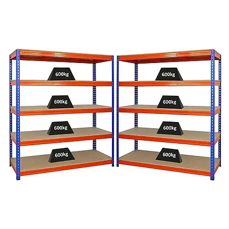 Mega Deal | 2x Profi Schwerlastregal BISON | HxBxT 200x180x60cm | 5 Fachböden | Fachlast 600kg | Blau-Orange