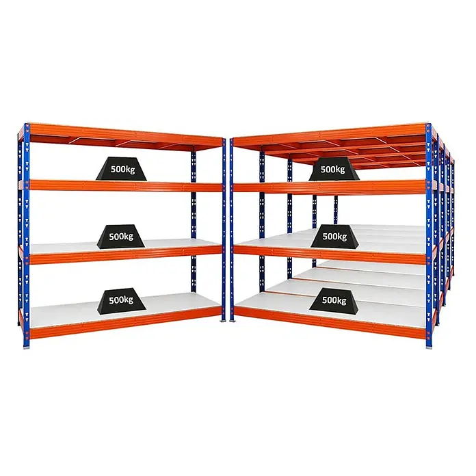 MegaDeal 5xProfi Schwerlastregal Rhino 180x200x60 4 Böden 500kg Blau-Orange -  - Zwei Schwerlastregale mit orangefarbenen Trägern und blauen Pfosten, mehrbödig, jeder Boden trägt 500kg.