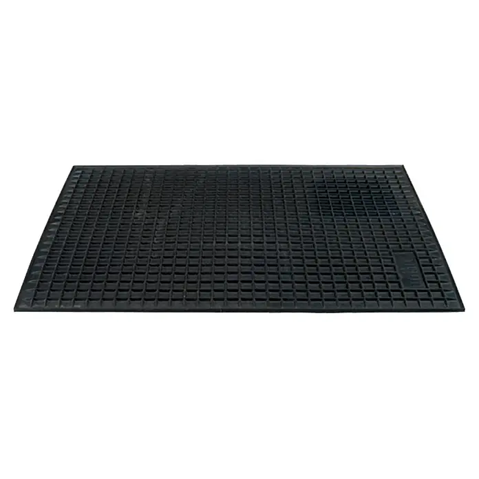 UniTEC Fußmatte - 42 x 29 cm - Dunkle, rechteckige Gummimatte mit Gittermuster und geprägtem Logo.