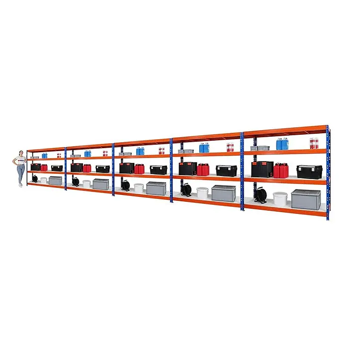 MegaDeal 5xProfi Schwerlastregal Rhino 180x200x60 4 Böden 500kg Blau-Orange -  - Lange, orange-blaue Industrieregalanlage mit mehreren Ebenen und verschiedenen Gegenständen, eine Person dient als Größenvergleich.
