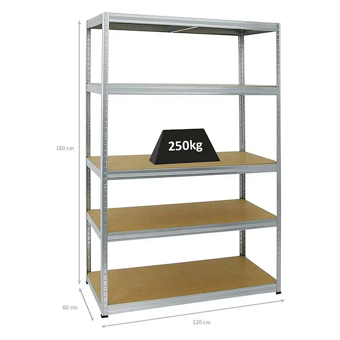 Proregal Schwerlastregal Big Elephant M - H x B x T: 180 x 120 x 60 cm, Traglast pro Boden: 250 kg, Anzahl Böden: 5 Stk., Stecken, Verzinkt - Schwerlastregal aus verzinktem Stahl mit 5 Holzablagen, 180x120x60 cm, 250kg Traglast pro Boden.