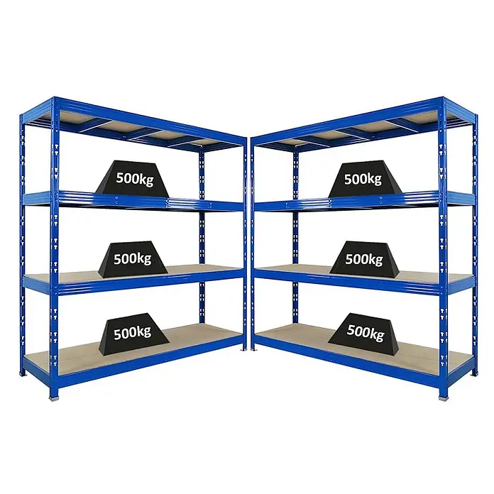 Set Deal 2x Profi Schwerlastregal Rhino 200x200x60cm 4 Böden 500kg Blau -  - Zwei blaue Schwerlastregale mit je vier Holzablagen, beladen mit 500 kg Gewichten pro Ablage, zur Demonstration robuster Lagerkapazität.