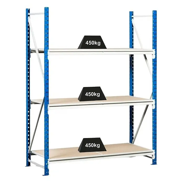 Weitspannregal MAXIMUS Grundregal 200x175x120cm 450kg Lichtblau/-grau -  - Robustes blau-weißes Metallregal mit drei Holzablagen, die jeweils eine 450kg Last tragen.
