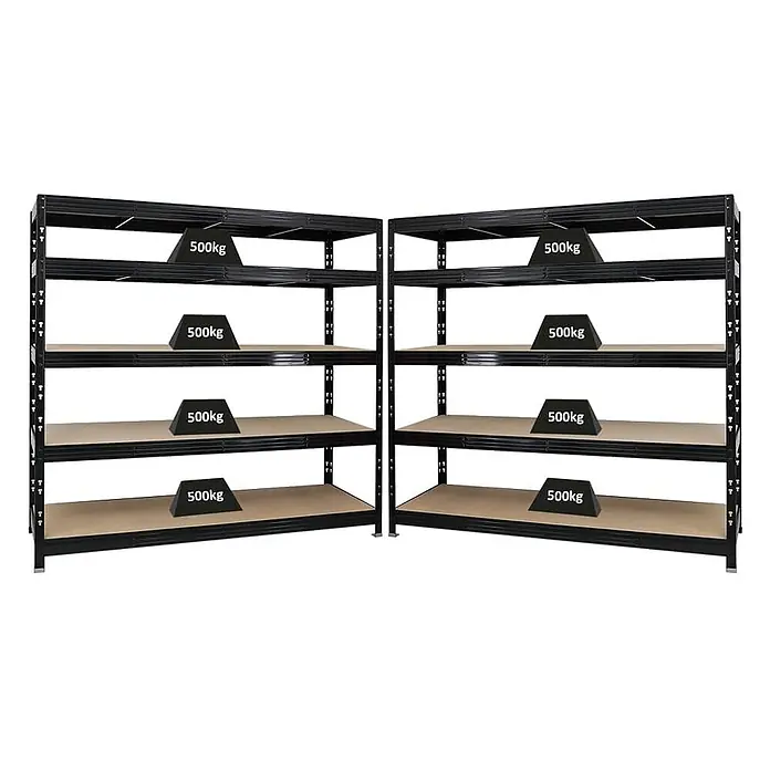 Mega Deal | 2x Profi Schwerlastregal Rhino | HxBxT 180x200x60cm | 5 Spanplatten-Ebenen 8mm | Fachlast 500kg | Schwarz -  - Zwei schwarze Schwerlast-Metallregale mit braunen Böden, jeder Boden für 500 kg ausgelegt.