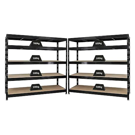 Mega Deal | 2x Profi Schwerlastregal Rhino | HxBxT 180x200x60cm | 5 Spanplatten-Ebenen 8mm | Fachlast 500kg | Schwarz
