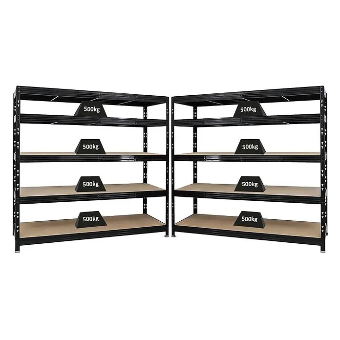 Mega Deal | 2x Profi Schwerlastregal Rhino | HxBxT 180x200x60cm | 5 Spanplatten-Ebenen 8mm | Fachlast 500kg | Schwarz -  - Zwei schwarze Metallregale mit beigefarbenen Holzablagen, jede Ablage für bis zu 500 kg ausgelegt.