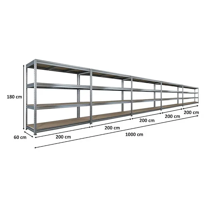 Mega Deal | 5x Schwerlastregal DINO | HxBxT 180x200x60cm | 4 Spanplatten-Ebenen 16mm | Fachlast 500kg | Verzinkt -  - Langes Metallregal mit Holzablagen, 180 cm hoch, 60 cm tief und 1000 cm lang.