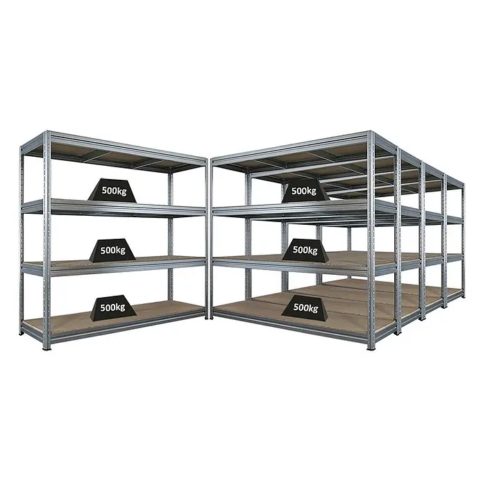 Mega Deal | 5x Schwerlastregal DINO | HxBxT 180x200x60cm | 4 Spanplatten-Ebenen 16mm | Fachlast 500kg | Verzinkt -  - Silberne Schwerlast-Metallregale mit Holzablagen, die eine Tragkraft von 500 kg pro Regal demonstrieren.