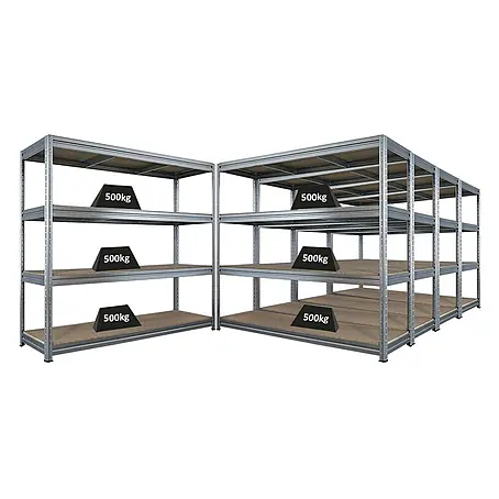 Mega Deal | 5x Schwerlastregal DINO | HxBxT 180x200x60cm | 4 Spanplatten-Ebenen 16mm | Fachlast 500kg | Verzinkt