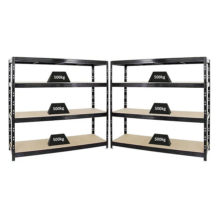 Set Deal 2x Profi Schwerlastregal Rhino 180x200x60cm 4 Böden 500kg Schwarz -  - Zwei schwarze Schwerlastregale aus Metall mit Holzablagen, die eine Tragfähigkeit von 500 kg pro Ablage zeigen.