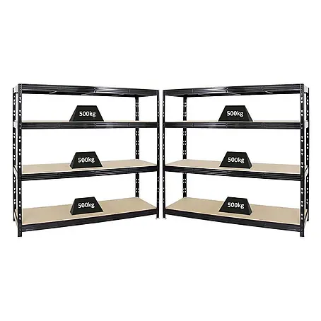 Mega Deal | 2x Profi Schwerlastregal Rhino | HxBxT 180x200x60cm | 4 Spanplatten-Ebenen 16mm | Fachlast 500kg | Schwarz