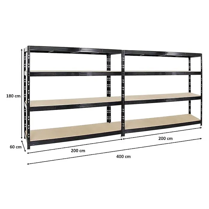 Mega Deal | 2x Profi Schwerlastregal Rhino | HxBxT 180x200x60cm | 4 Spanplatten-Ebenen 16mm | Fachlast 500kg | Schwarz -  - Großes schwarzes Metallregal mit Holzablagen, 180x400x60 cm. Ideal für Schwerlastlagerung.