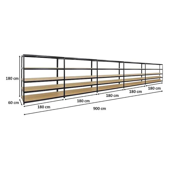 Mega Deal | 5x Schwerlastregal Giant Elephant | HxBxT 180x180x60cm | Fachlast 200kg | Schwarz -  - Langes schwarzes Metallregal mit hellen Holzablagen, 180 cm hoch, 60 cm tief, 900 cm lang.