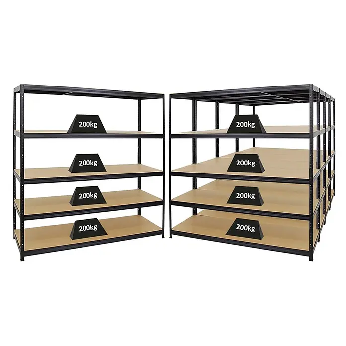 Mega Deal | 5x Schwerlastregal Giant Elephant | HxBxT 180x180x60cm | Fachlast 200kg | Schwarz -  - Zwei schwarze Metallregale mit Holzplatten. Jede Ablage trägt 200kg und demonstriert hohe Tragfähigkeit.