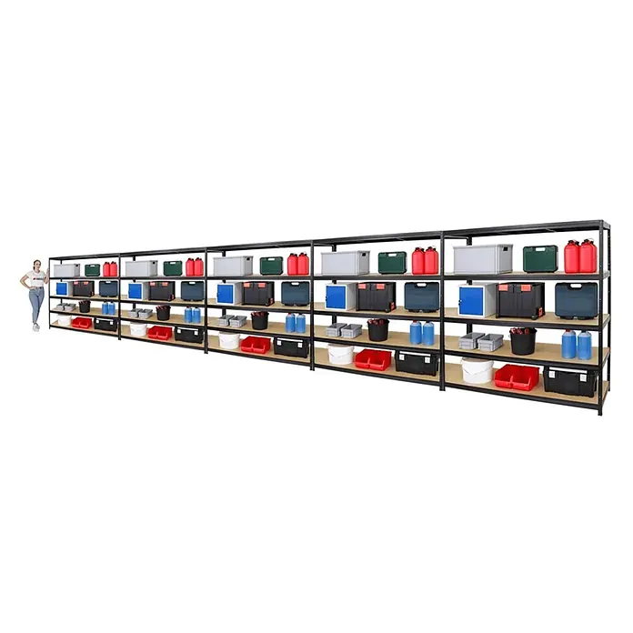 Mega Deal | 5x Schwerlastregal Giant Elephant | HxBxT 180x180x60cm | Fachlast 200kg | Schwarz -  - Langes schwarzes Metallregal mit Holzbrettern, gefüllt mit diversen Aufbewahrungsboxen, eine Frau steht daneben zur Größenanzeige.