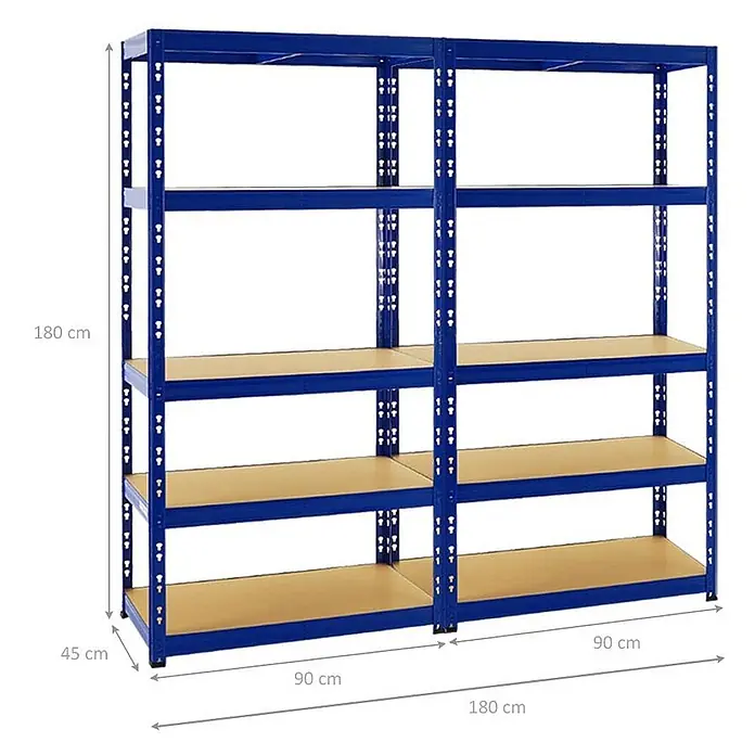 Mega Deal | 2x Schwerlastregal Tiger | HxBxT 180x90x45 cm |  Fachlast 265kg | Blau -  - Doppeltes blaues Metallregal mit je fünf Holzablagen für schwere Lasten in Werkstätten oder Garagen.