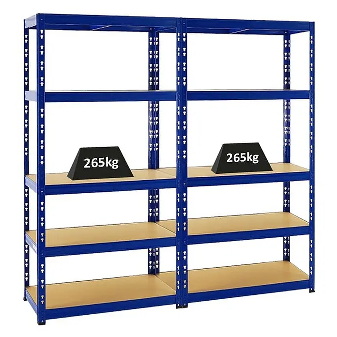 Mega Deal | 2x Schwerlastregal Tiger | HxBxT 180x90x45 cm |  Fachlast 265kg | Blau -  - Zwei robuste blaue Metallregale mit Holzablagen, jedes trägt 265kg.