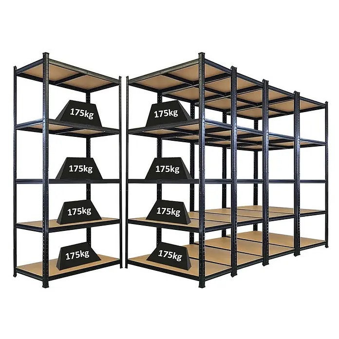 Mega Deal | 5x Schwerlastregal Giant Ragnar | HxBxT 200x100x50cm | 5 MDF-Platten-Ebenen | Fachlast 175kg | Schwarz -  - Schwarze Schwerlastregale aus Metall mit Holzablagen, demonstrieren hohe Tragfähigkeit.