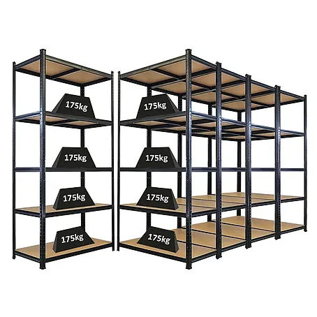 Mega Deal | 5x Schwerlastregal Giant Ragnar | HxBxT 200x100x50cm | 5 MDF-Platten-Ebenen | Fachlast 175kg | Schwarz