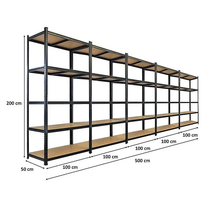 Mega Deal | 5x Schwerlastregal Giant Ragnar | HxBxT 200x100x50cm | 5 MDF-Platten-Ebenen | Fachlast 175kg | Schwarz -  - Langes schwarzes Metallregal mit Holzböden, 200 cm hoch, 50 cm tief, 500 cm lang.