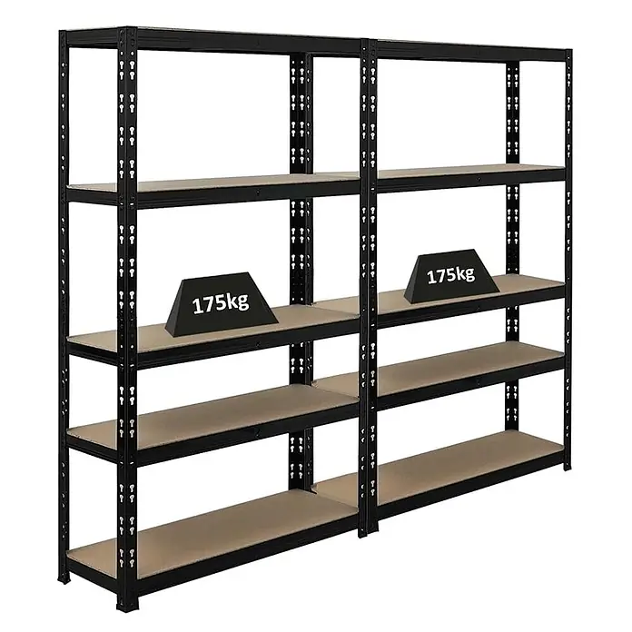 Mega Deal | 2x Schwerlastregal APOLLO | HxBxT 150x90x30cm | Fachlast 175kg | Schwarz -  - Zwei schwarze Metallregale mit Holzablagen, die jeweils ein 175kg Gewicht zur Belastungsangabe zeigen.