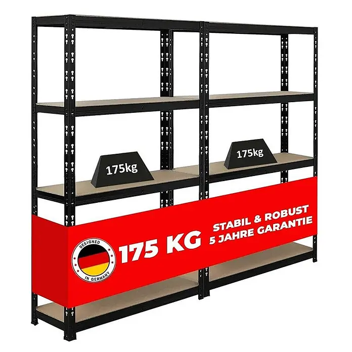 Mega Deal | 2x Schwerlastregal APOLLO | HxBxT 150x90x30cm | Fachlast 175kg | Schwarz -  - Schwarzes Metallregal mit Holzablagen, für schwere Lasten, 175 kg Tragkraft pro Boden.