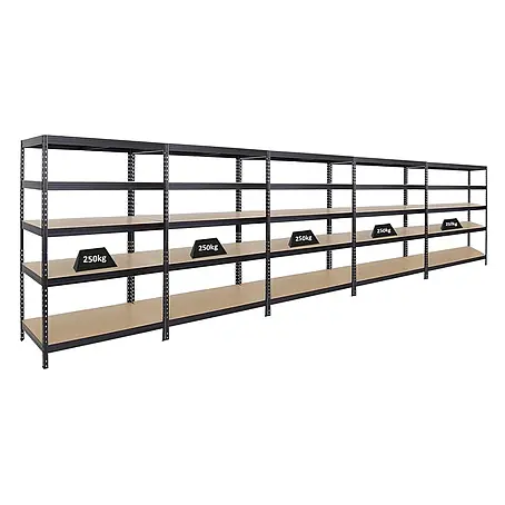 Mega Deal | 5x Schwerlastregal Rivet | HxBxT 180x120x60 cm | Fachlast 250kg | Schwarz