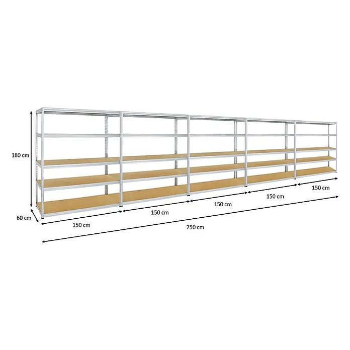 Proregal Schwerlastregal Mega Deal Giant Elephant - H x B x T: 180 x 150 x 60 cm, Traglast pro Boden: 200 kg, Anzahl Böden: 5 Stk., Stecken, Verzinkt - Langes modulares Regalsystem mit silbernem Metallrahmen und hellen Holzregalböden. Maße: 180 cm Höhe, 60 cm Tiefe, 750 cm Gesamtlänge.