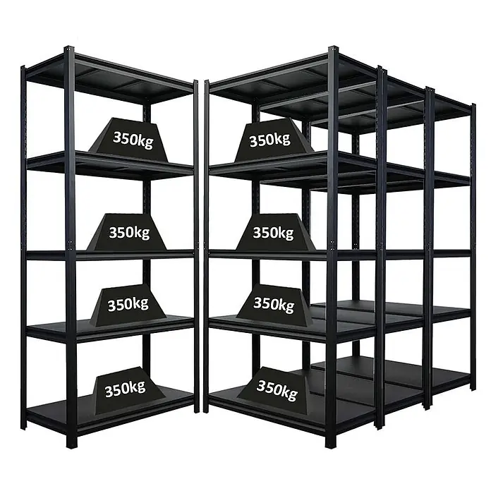 Mega Deal | 4x Schwerlastregal Thorin| HxBxT 180x90x40cm | Fachlast 350 kg | Schwarz -  - Zwei robuste schwarze Metallregale, einzeln und doppelt, mit 350 kg Gewichten auf jeder Ablage.