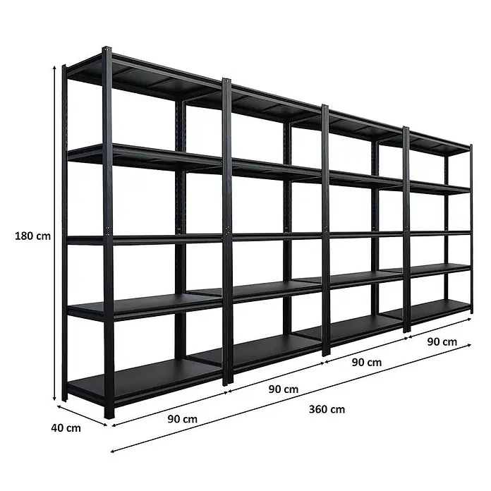 Mega Deal | 4x Schwerlastregal Thorin| HxBxT 180x90x40cm | Fachlast 350 kg | Schwarz -  - Langes schwarzes Metallregal mit mehreren Abschnitten, bietet viel robusten Stauraum.