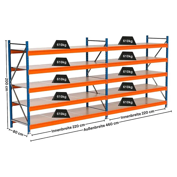 PROREGAL Industrie Weitspannregal Lagerregal MAXIMUS PRO Komplettregal: 2 Felder HxBxT 200x450x80cm 5 Ebenen, Spanplatten-Fachboden, Fachlast 610 kg Blau/Orange -  - Blau-orange Metallregal mit 5 Böden, jeder 610kg tragend. Gesamtbreite 460cm, Höhe 200cm, Tiefe 80cm.