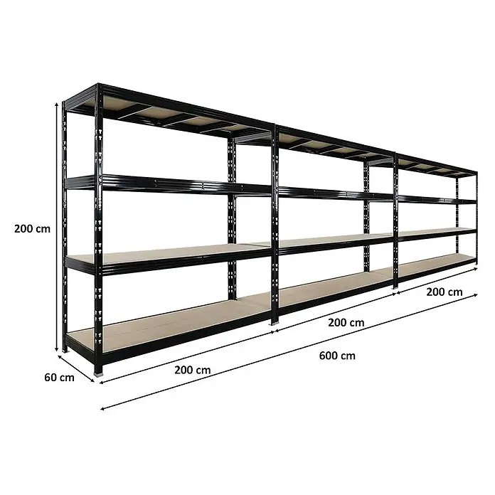 Mega Deal | 3x Profi Schwerlastregal Rhino | HxBxT 200x200x60cm | 4 Spanplatten-Ebenen 16mm | Fachlast 500kg | Schwarz -  - Schwarzes Metall-Schwerlastregal mit mehreren Holzböden für umfangreiche Lagerung.