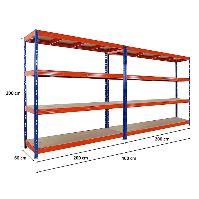 MegaDeal 2xProfi Schwerlastregal Rhino 200x200x60 4 Böden 500kg Blau-Orange -  - Langes, orange-blaues Schwerlast-Metallregal mit vier Ebenen, ideal für Lager oder Garage.
