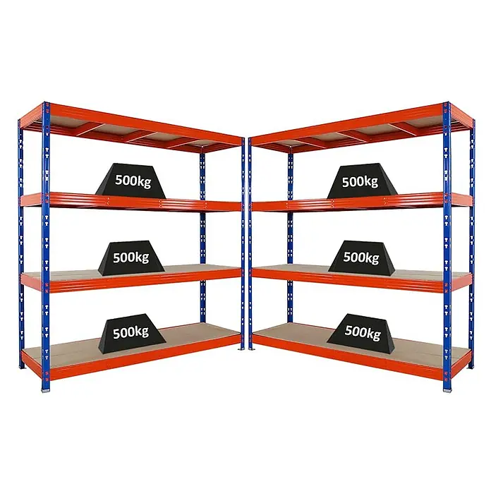 MegaDeal 2xProfi Schwerlastregal Rhino 200x200x60 4 Böden 500kg Blau-Orange -  - Zwei orange-blaue Schwerlast-Metallregale, jede Ablage mit 500kg.