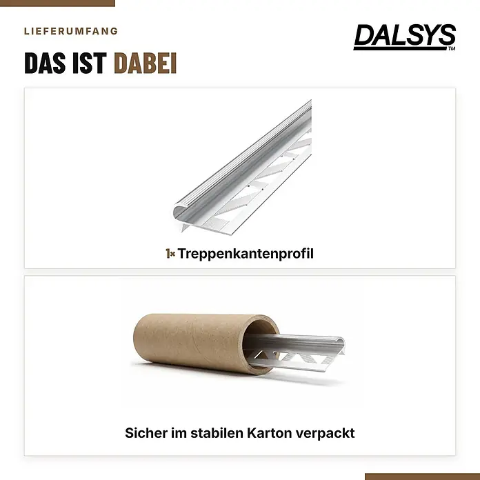 Dalsys Treppenkantenprofil 2,5m x 8mm für Fliesen Silber - Aluminium, Silber, 2,5 m x 8 mm - Silbernes Treppenkantenprofil, sicher verpackt in einem Kartonrohr.