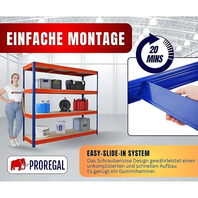 Schwerlastregal DINO | HxBxT 180x200x60cm | 4 Spanplatten-Ebenen 16mm | Fachlast 500kg | Blau/Orange -  - Blau-orange Schwerlastregal mit einfachem Stecksystem für schnelle Montage, abgebildet mit einer Person zur Größenreferenz.