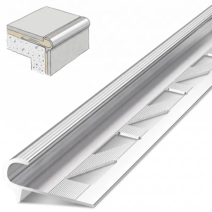 Dalsys Treppenkantenprofil 2,5m x 8mm für Fliesen Silber - Aluminium, Silber, 2,5 m x 8 mm - Silbernes Aluminium-Treppenkantenprofil mit geriffelter Anti-Rutsch-Oberfläche und Installationsdiagramm für geflieste Stufen.