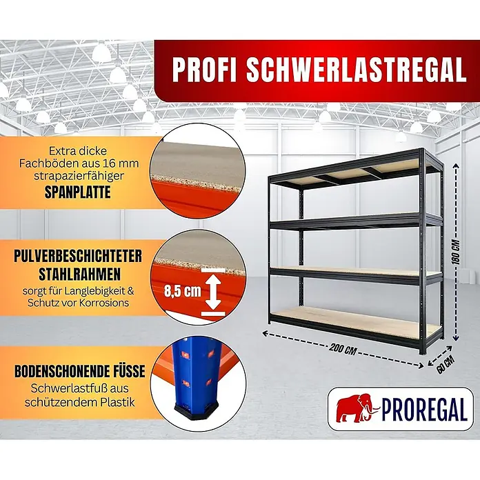 Schwerlastregal DINO | HxBxT 180x200x60cm | 4 Spanplatten-Ebenen 16mm | Fachlast 500kg | Blau/Orange -  - Schwarzes PROREGAL Schwerlastregal, 180x200x60cm, mit stabilen Spanplattenböden und Schutzfüßen.