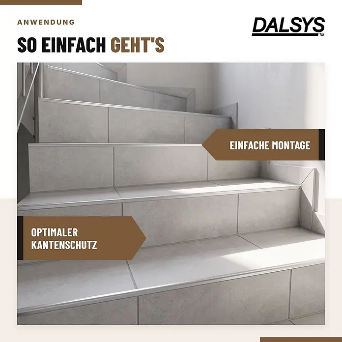 Dalsys Treppenkantenprofil 2,5m x 12,5mm für Fliesen Silber - Aluminium, Silber, 2,5 m x 12 mm - Silberfarbene Metall-Kantenschutzprofile auf gefliesten Treppenstufen, bieten optimalen Schutz und einfache Montage.