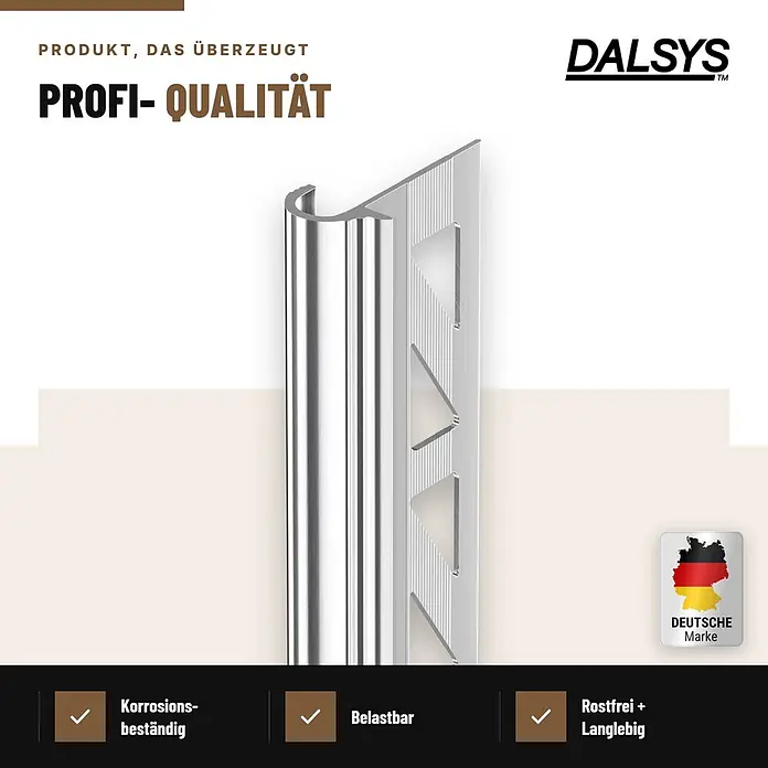Dalsys Treppenkantenprofil 2,5m x 8mm für Fliesen Silber - Aluminium, Silber, 2,5 m x 8 mm - Silberfarbenes Metall-Fliesenprofil mit runder Vorderseite und geriffelter Rückseite.