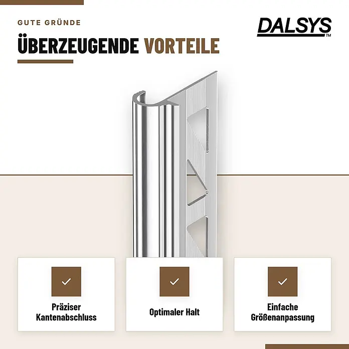 Dalsys Treppenkantenprofil 2,5m x 8mm für Fliesen Silber - Aluminium, Silber, 2,5 m x 8 mm - Silbernes Metallfliesenprofil mit abgerundeter Kante und perforiertem Ankersteg für präzisen Kantenabschluss.