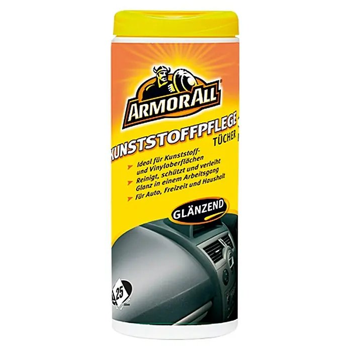 ArmorAll Kunststoffpflegetücher - 25 Stk., Glänzend - Das Bild zeigt eine Dose Armor All Kunststoffpflege-Tücher, ideal für die Reinigung und Pflege von Kunststoffoberflächen im Auto und Haushalt.