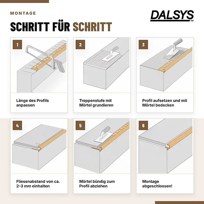 Dalsys Treppenkantenprofil 2,5m x 12,5mm für Fliesen Silber - Aluminium, Silber, 2,5 m x 12 mm - Schritt-für-Schritt-Anleitung zur Montage eines goldfarbenen Treppenkantenprofils auf einer Fliesenstufe.