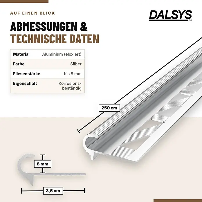 Dalsys Treppenkantenprofil 2,5m x 8mm für Fliesen Silber - Aluminium, Silber, 2,5 m x 8 mm - Silbernes, eloxiertes Aluminium-Fliesenprofil, 250 cm lang, 8 mm hoch, 3,5 cm breit, für Fliesen bis 8 mm.